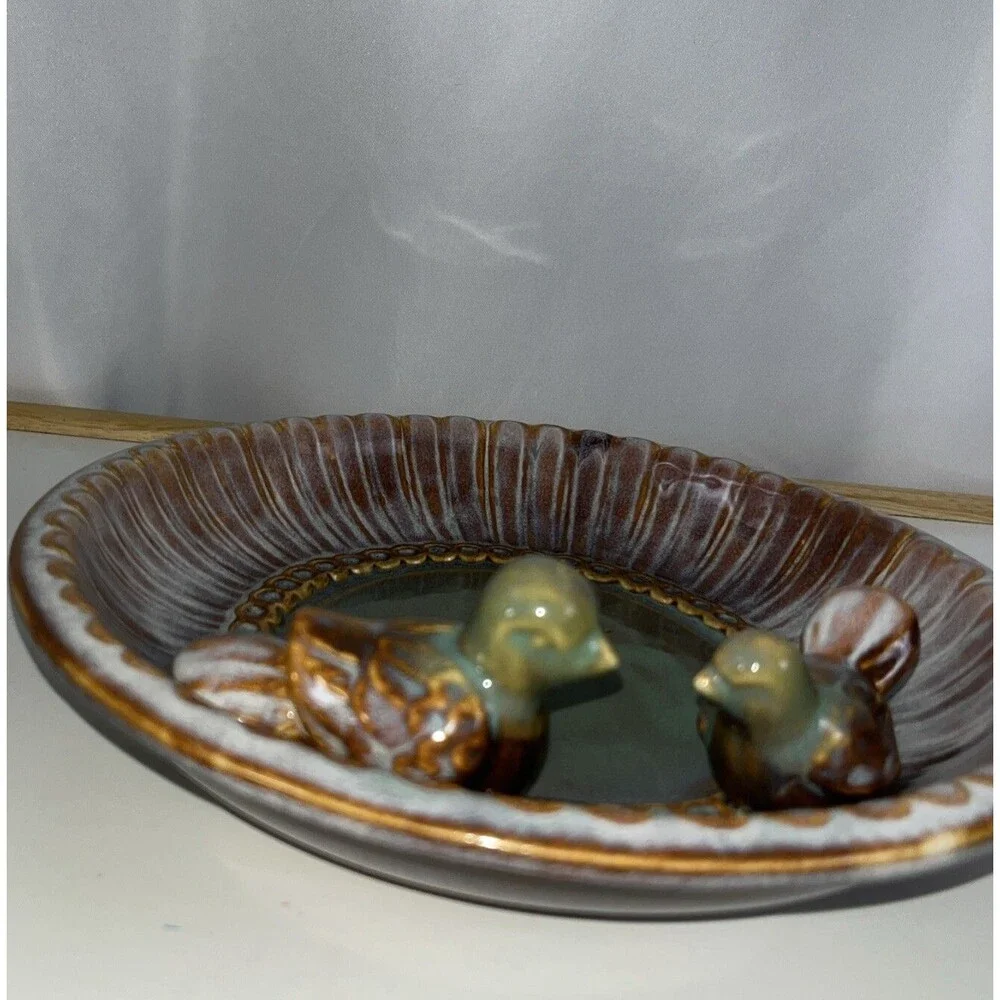 Tii Vintage Studio art Pottery Bowl With Birds Mid-century Modern 1970 Glaze